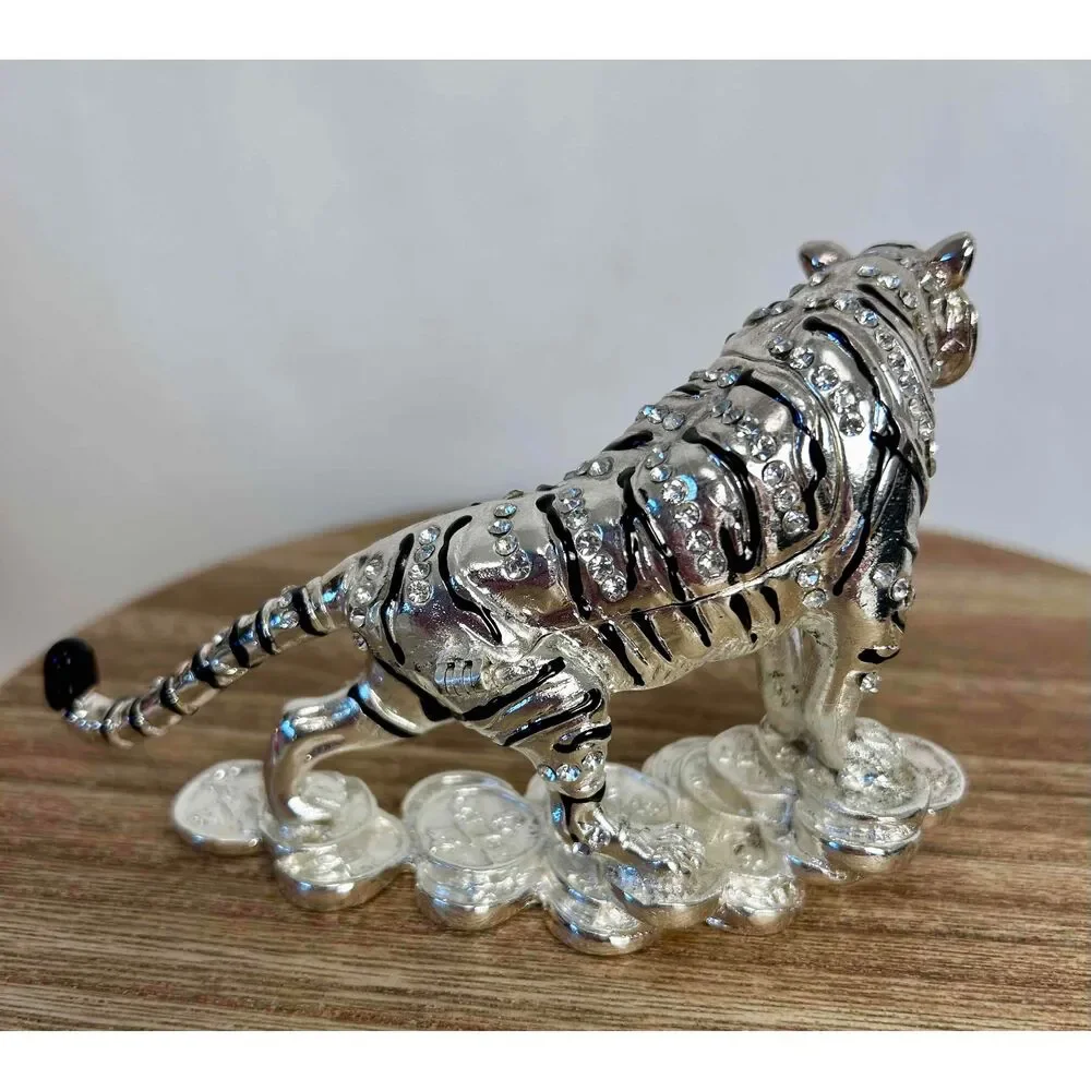 Metal Silver Toned Bejeweled Tiger Trinket Box Crystal‎ Accents Red Eyes